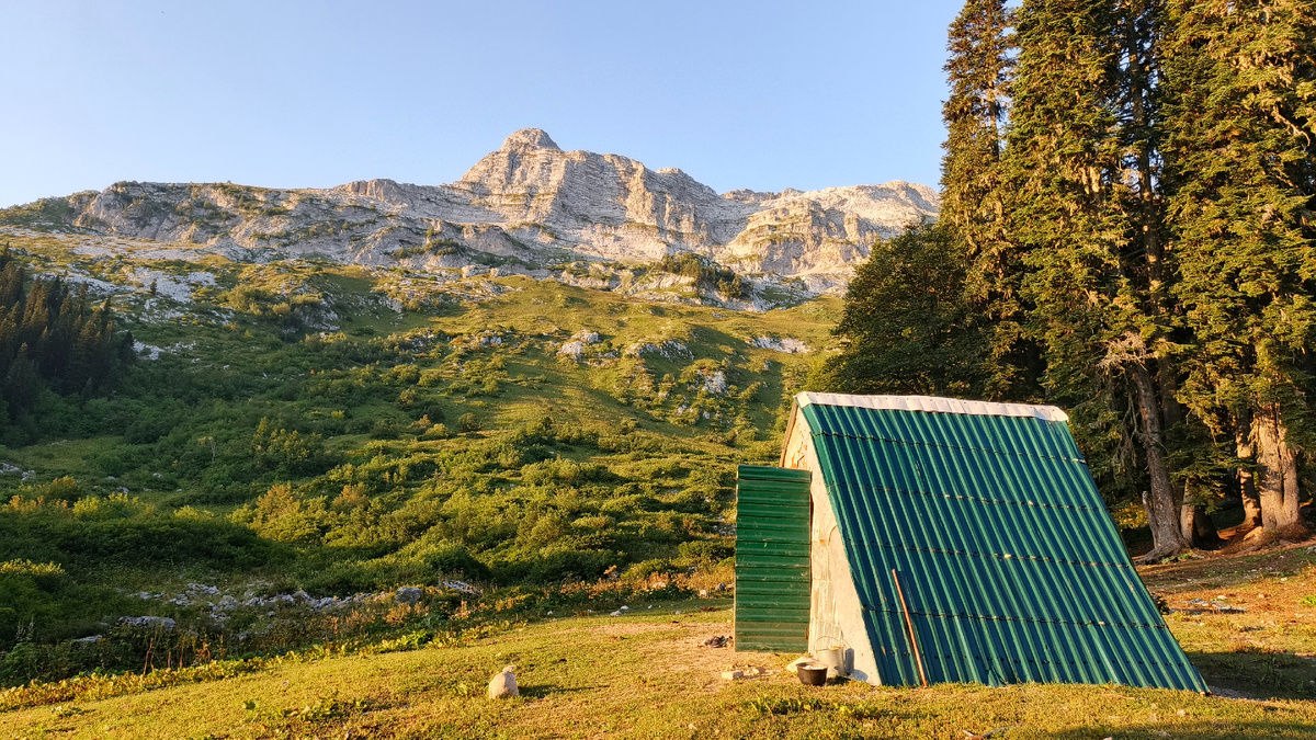 Охотничий балаган, в котором ночевали с 3-го на 4-ый день похода. Август 2025. На фото – утро четвёртого дня похода. Фото автора.