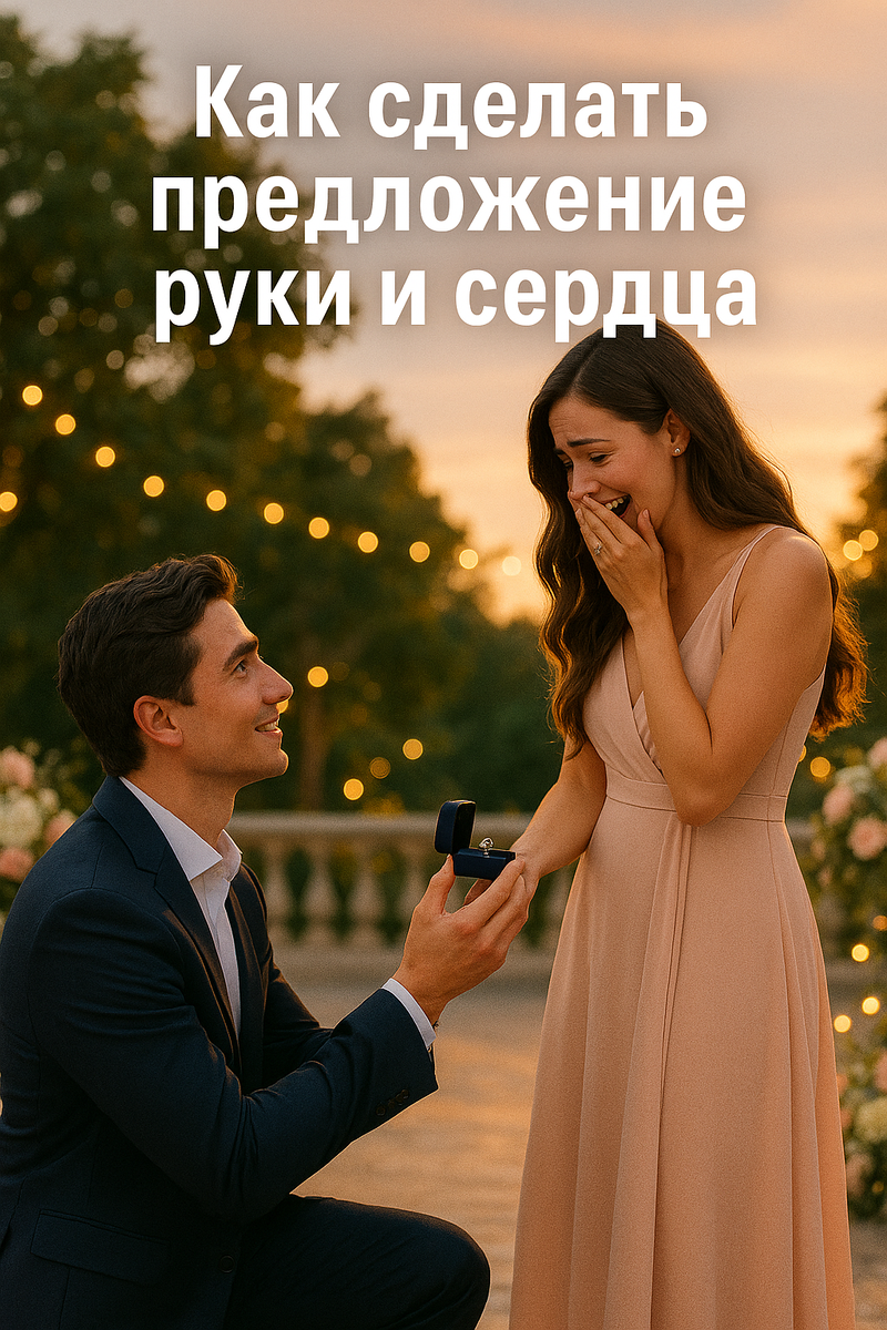 Романтический момент: мужчина становится на одно колено и протягивает кольцо любимой. Та самая секунда, когда рождается новая история семьи.