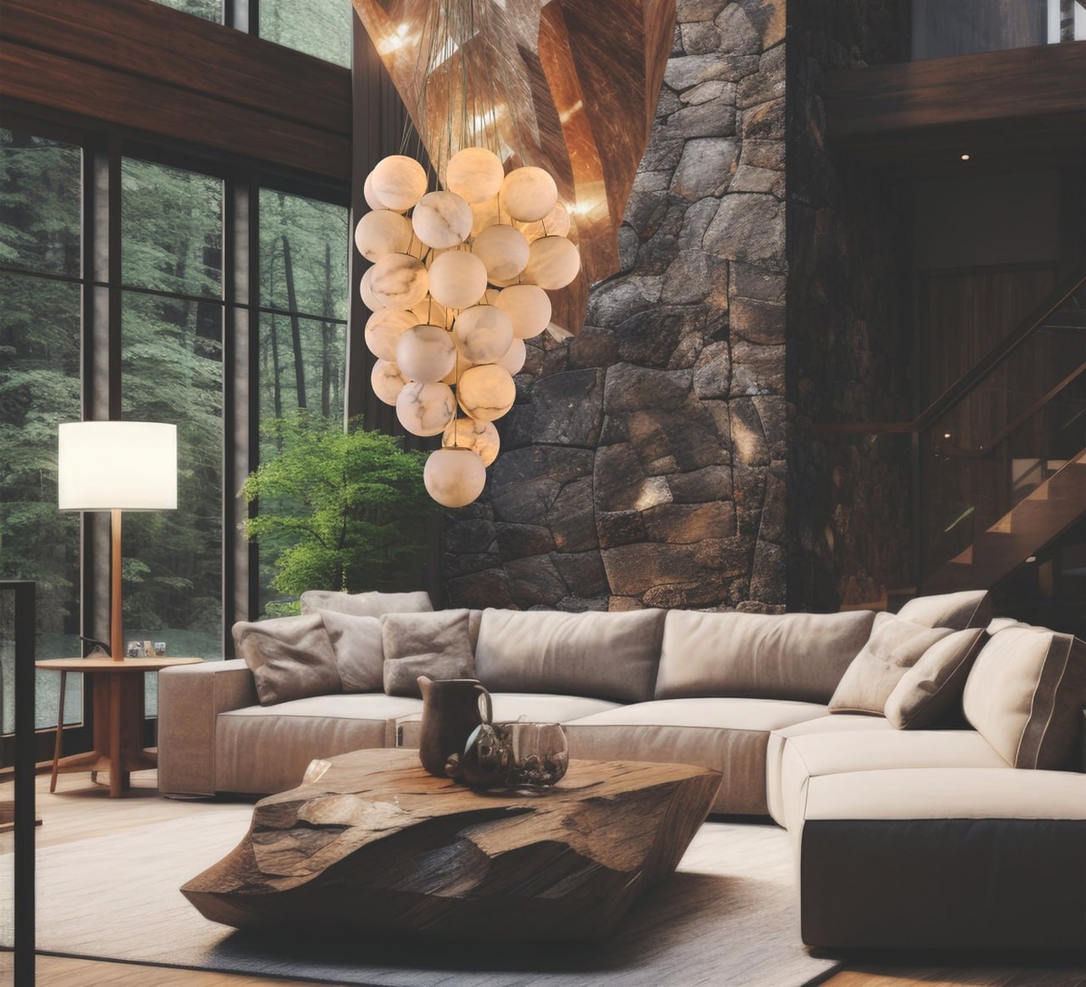 Подвесной светильник из натурального алебастра для гостиной. Фото: Fluorite