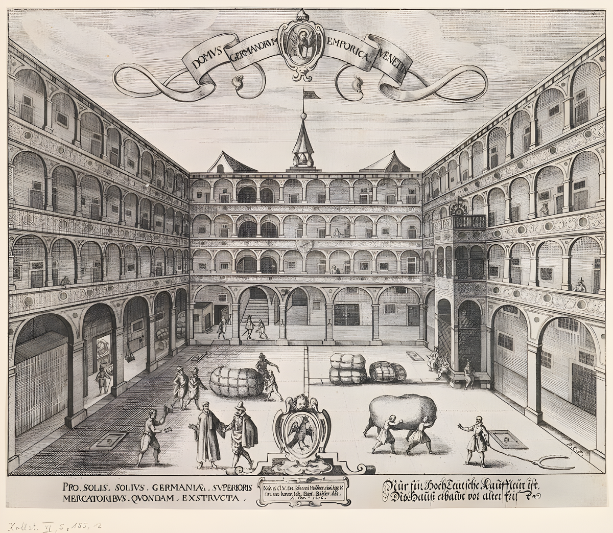 Двор немецкого торгового представительства в Венеции, гравюра Рафаэля Кустоса, 1616 год. Дом для немецких купцов.