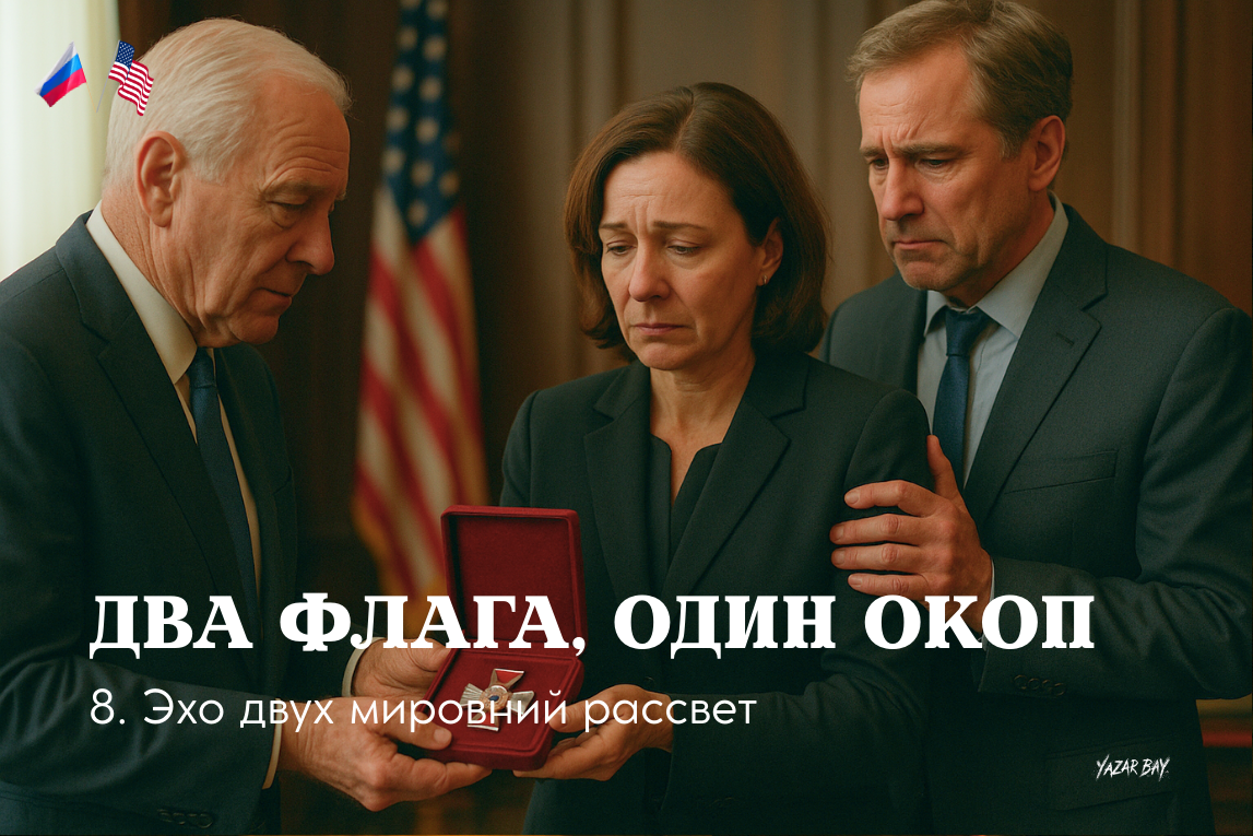 Спецпосланник США вручает замдиректору ЦРУ российский орден Мужества, которым посмертно наградили её сына Майкла Глосса ©Язар Бай. ИИ-рисунок, могут быть ошибки.