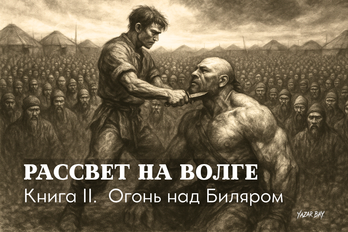 Эпическое испытание боем в огромном кочевом лагере. Герой, Айдар, стоит победителем с ножом у горла гигантского, поверженного воина. ©Язар Бай.