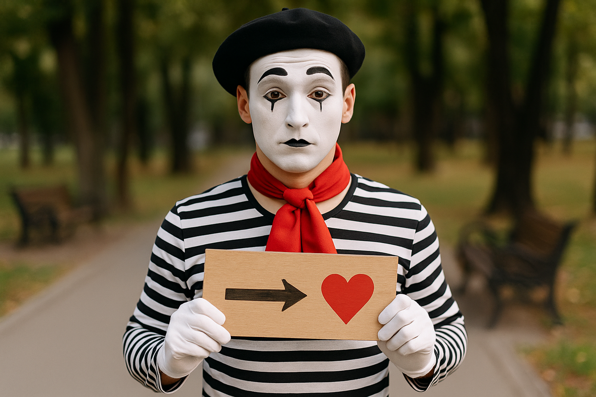 🎭 Мим в классическом образе с белым гримом и красным шарфом держит табличку со стрелкой и сердечком ❤️ — часть романтического квеста-предложения руки и сердца в парке Москвы.