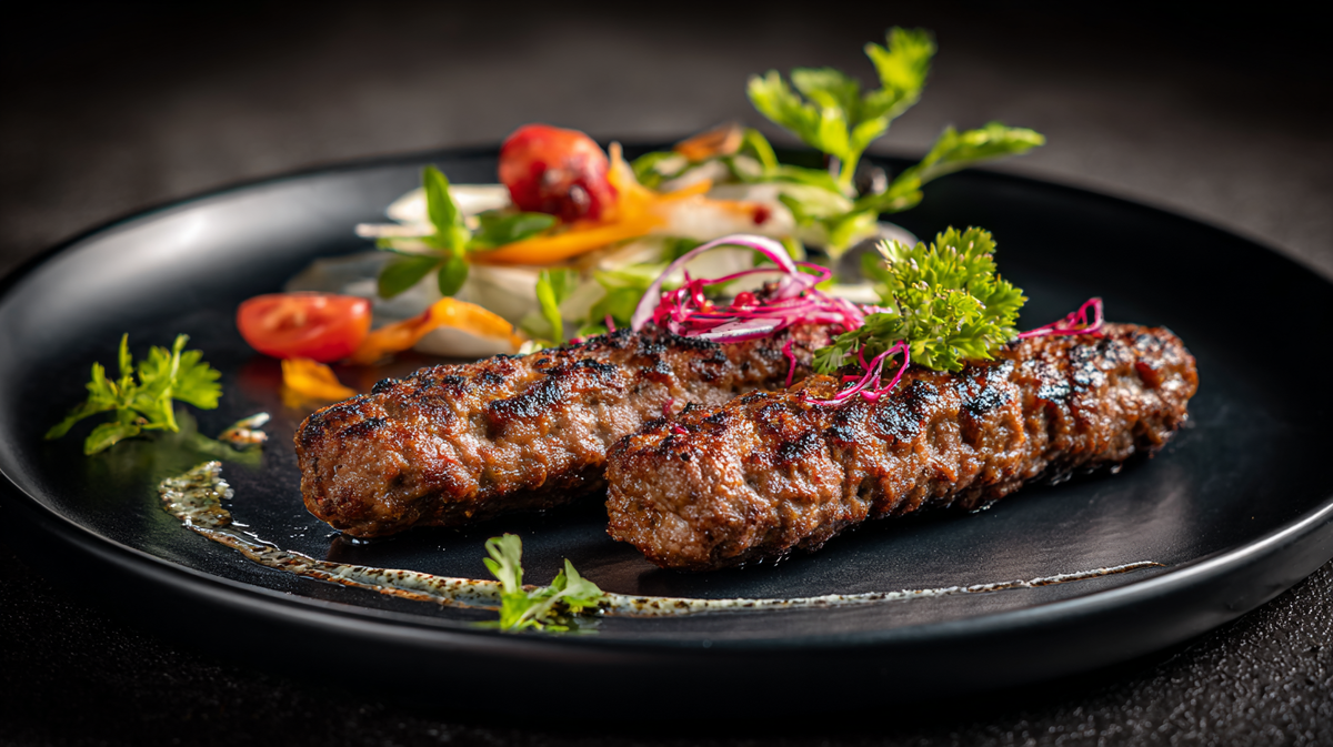 Сочные люля-кебабы из говядины, запечённые в духовке, поданы с зеленью и овощным гарниром на чёрной тарелке — кето-дружественный белковый ужин без глютена и сахара.