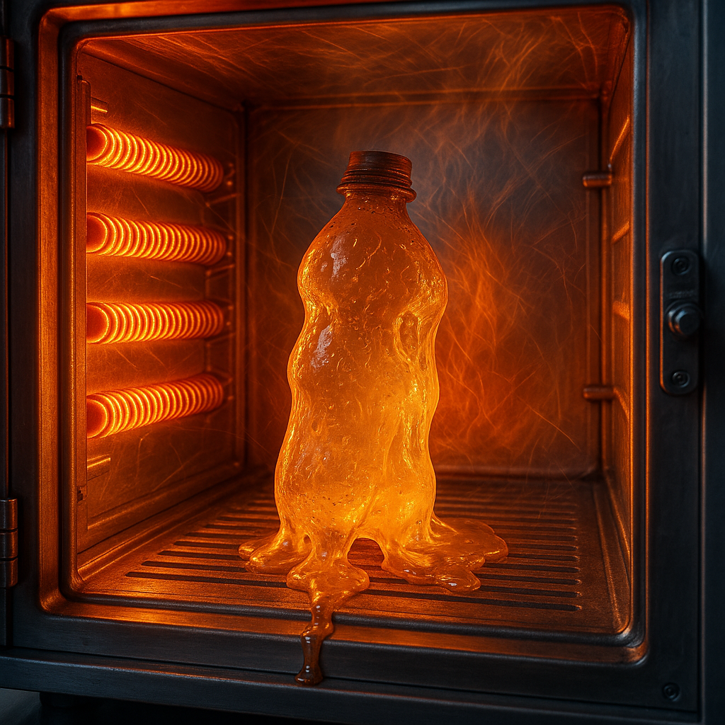 Плавление пластиковой бутылки при 300°C