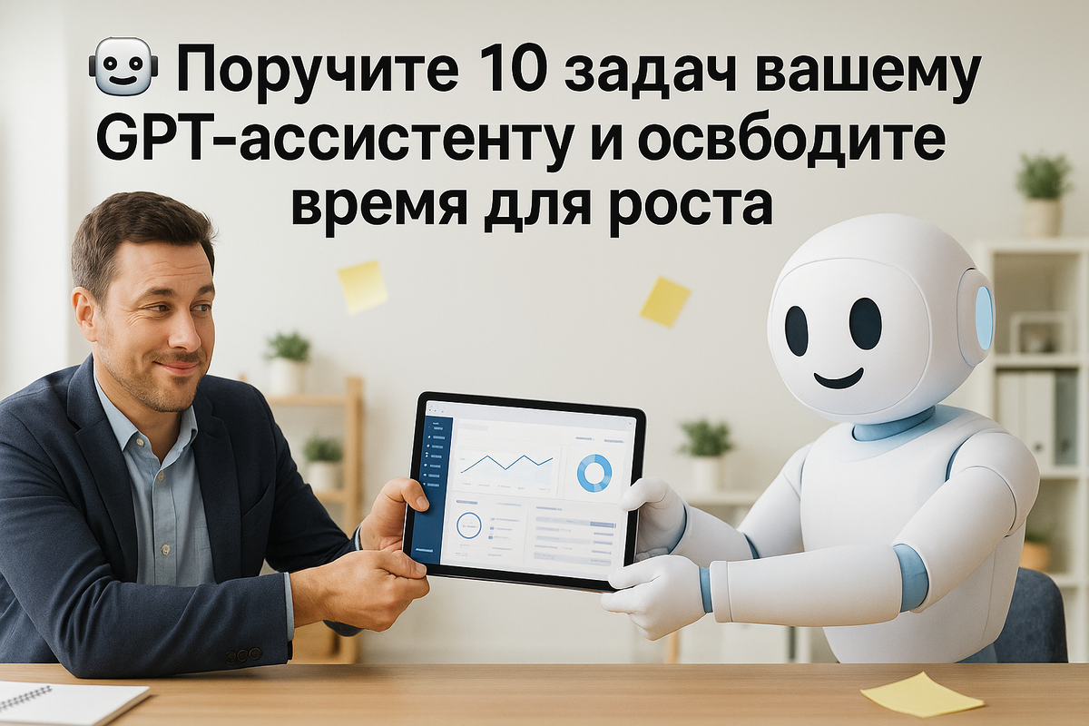 Бизнесмен передаёт планшет с графиками своему GPT-ассистенту-роботу: символ партнёрства человека и искусственного интеллекта в бизнесе. Подпись: Поручите 10 задач вашему GPT и освободите время для роста. Иллюстрация для статьи NeuroLa о GPT в малом и среднем бизнесе.