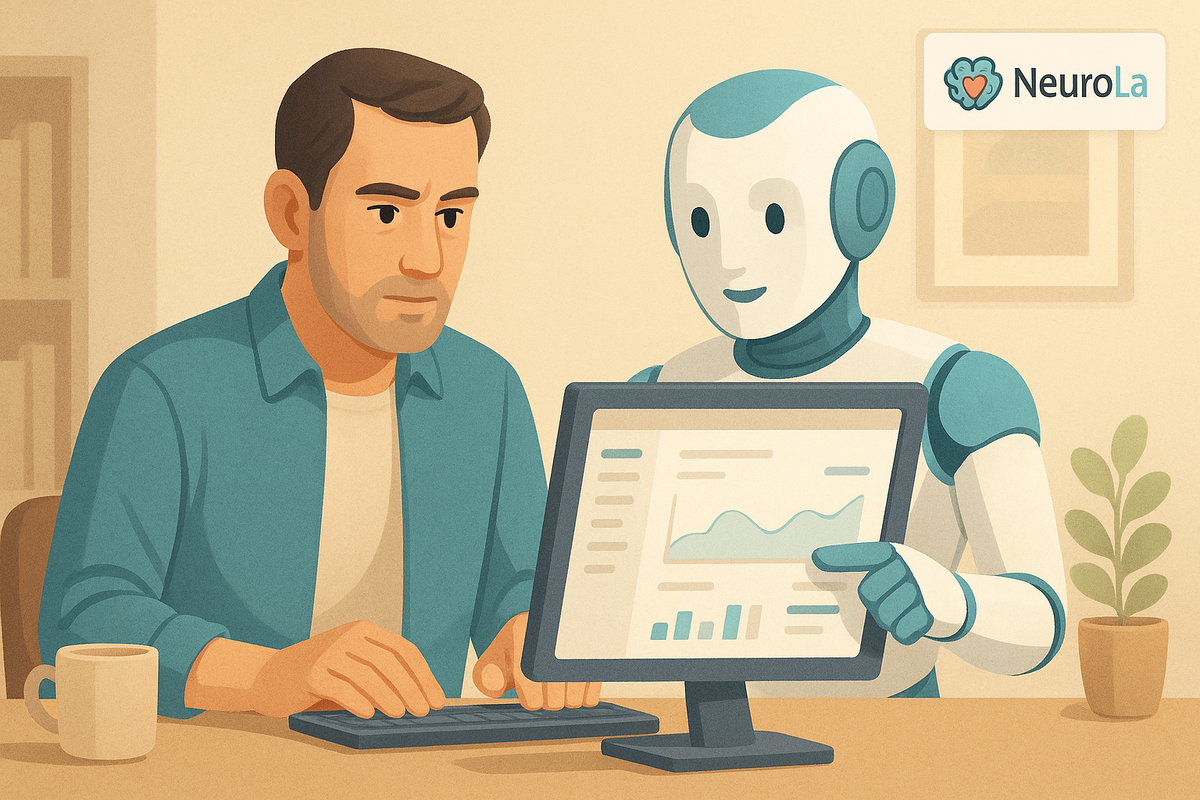 GPT как сотрудник: иллюстрация человека и искусственного интеллекта за компьютером; символ партнёрства технологий и малого бизнеса; логотип NeuroLa в углу.