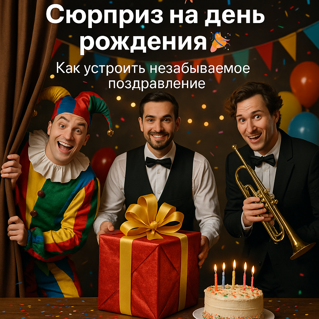 Актёры в костюмах готовят сюрприз: подарок, торт и праздничное настроение 🎉