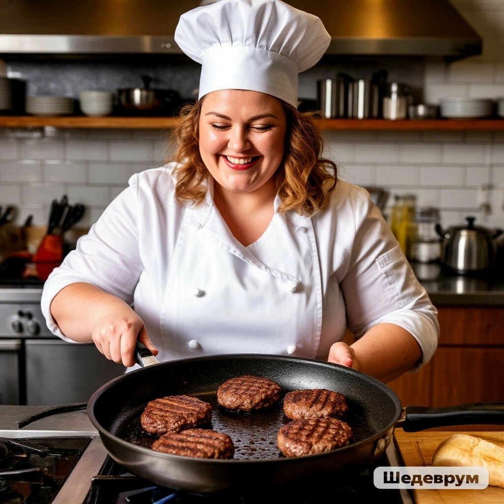 Весёлая Ленивая Стряпуха готовит котлеты. Сгенерировано нейросетью Шедеврум по запросу автора.