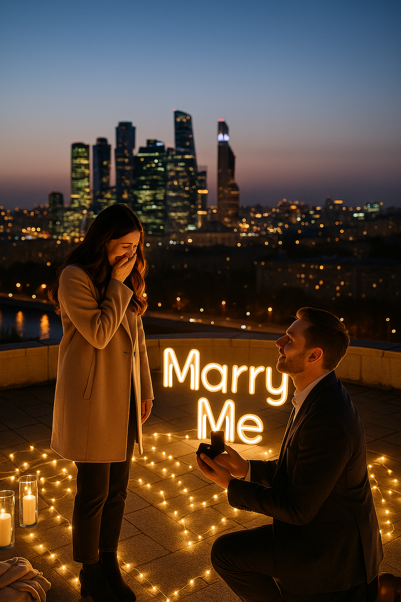 Предложение руки и сердца на крыше Москвы: огни столицы, неон «Marry Me» и незабываемые эмоции под звёздами.