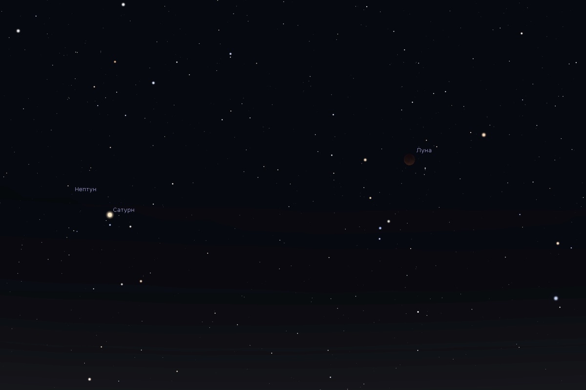 Положение Сатурна, Нептуна и Луны вечером 7 сентября 2025 года, изображение из открытых источников
