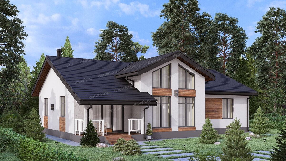 Проект одноэтажного дома 147 м2 с большими окнами и вторым светом