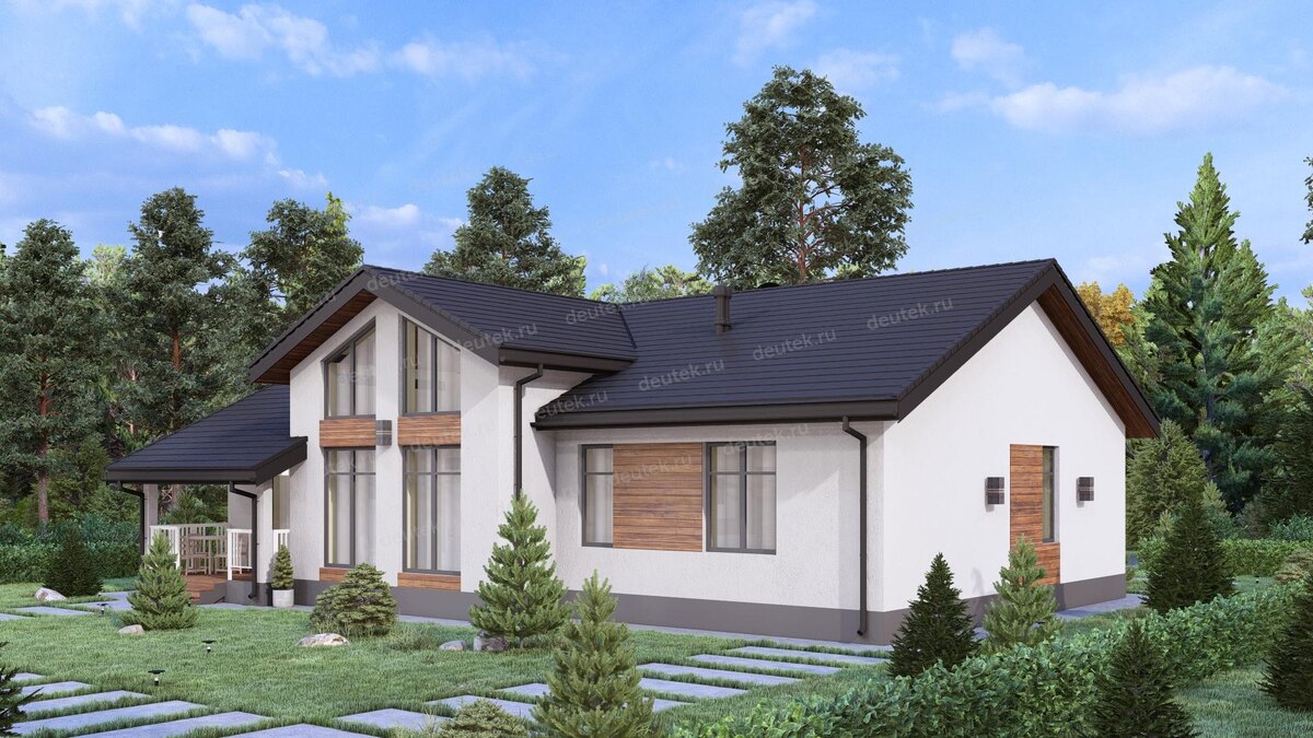 Проект одноэтажного дома 147 м2 с большими окнами и вторым светом