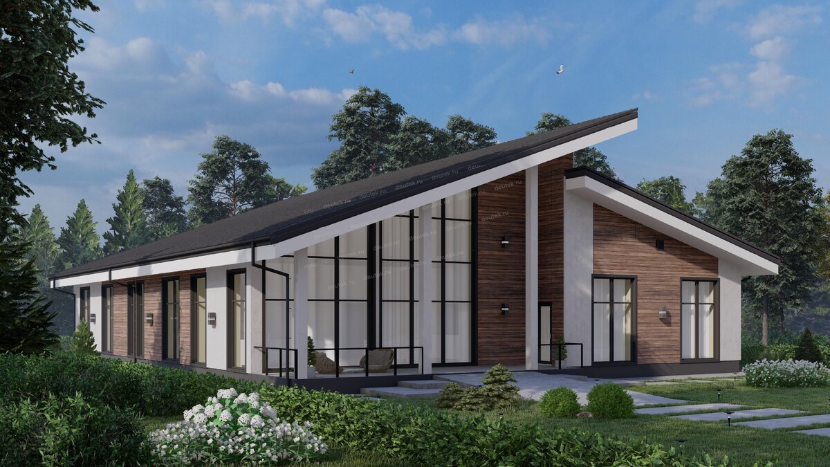 Проект одноэтажного дома 425 м2 с большими окнами, вторым светом и двухместным гаражом