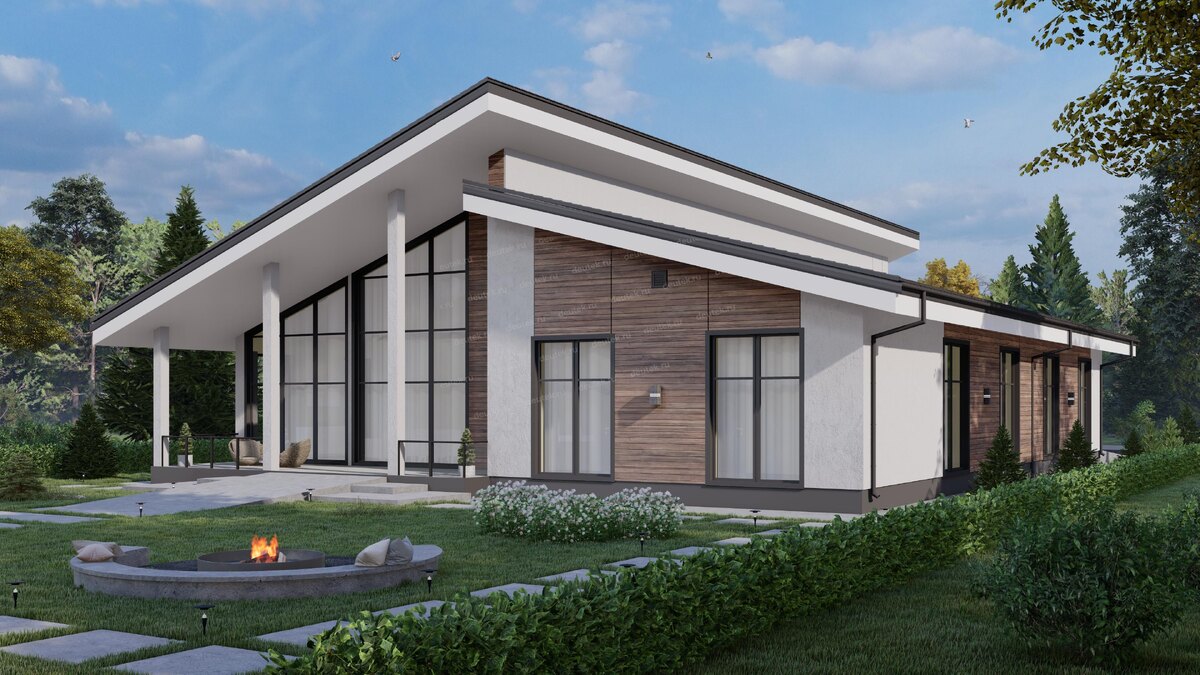 Проект одноэтажного дома 425 м2 с большими окнами, вторым светом и двухместным гаражом