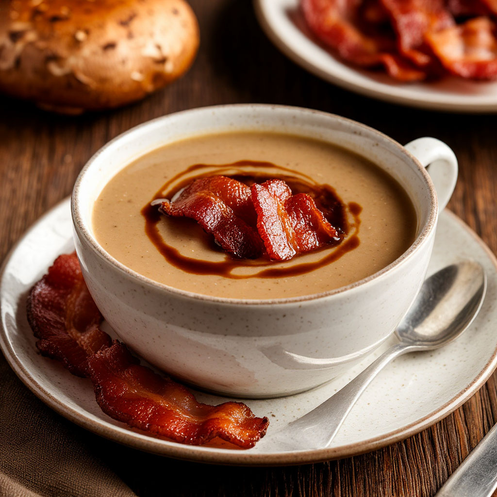 Грибной крем-суп с кофейной глазурью и хрустящим беконом