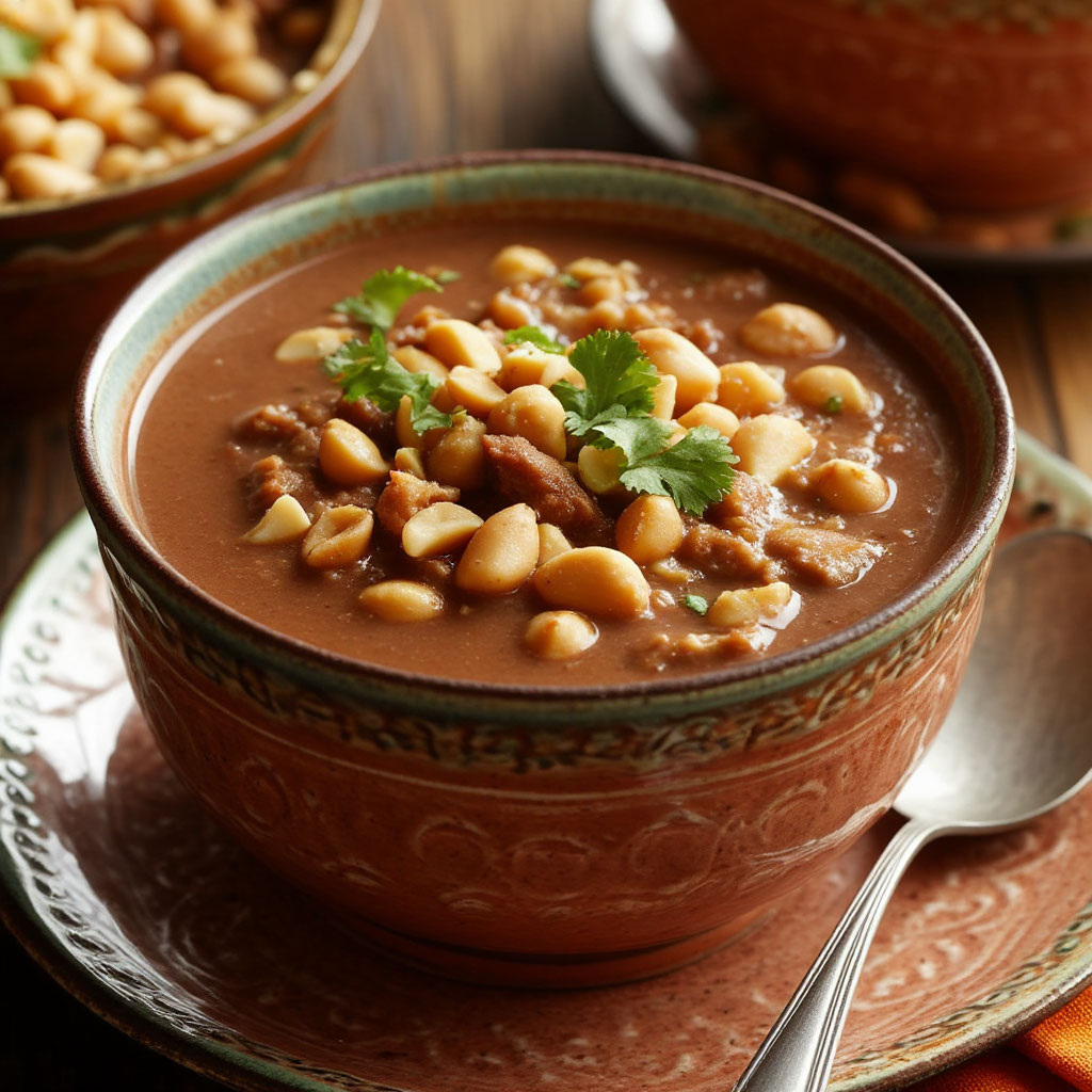 Мексиканский суп-пудинг с курицей, арахисом и какао «Пудинг де Какао».