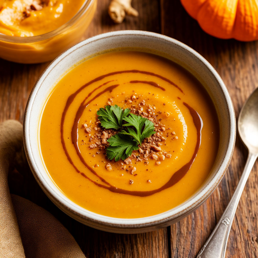 Сливочный суп из тыквы и молочного шоколада с имбирем.