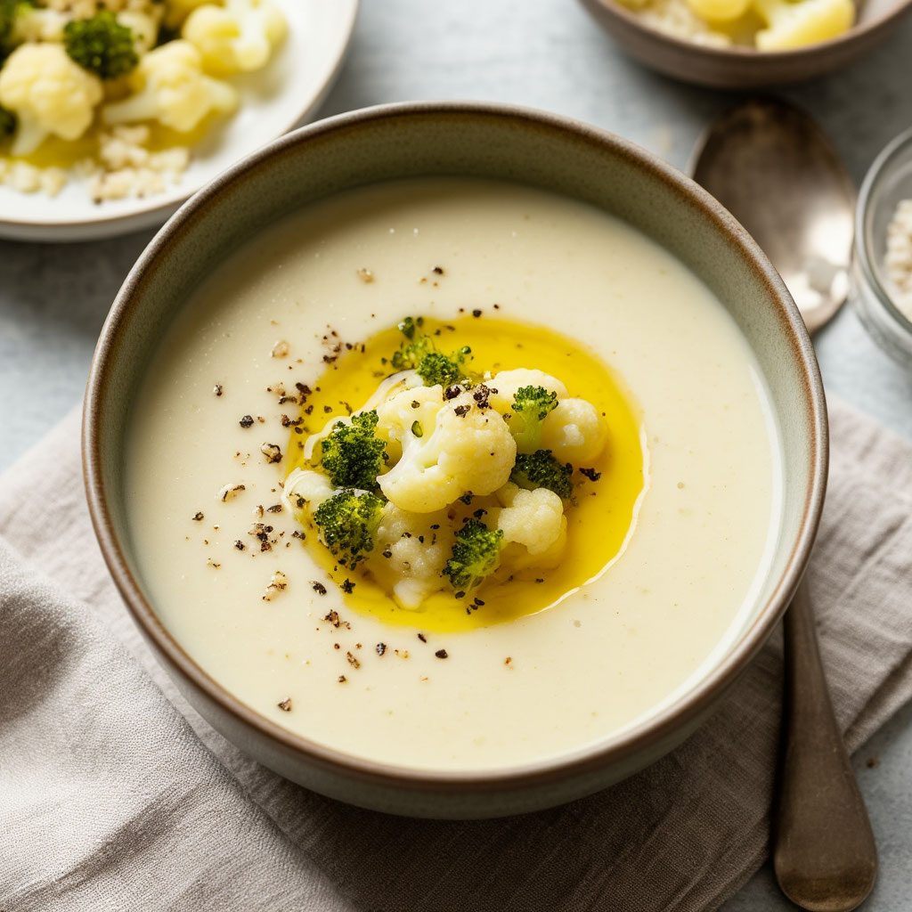 Нежный крем-суп из миндаля с цветной капустой и трюфельным маслом.