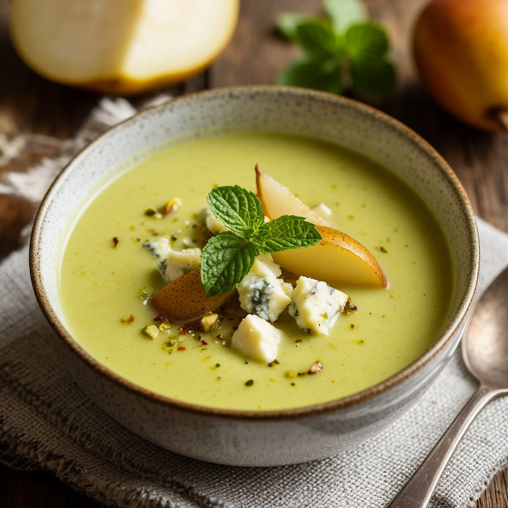Нежный крем-суп из фисташек с грушей и горгонзолой.