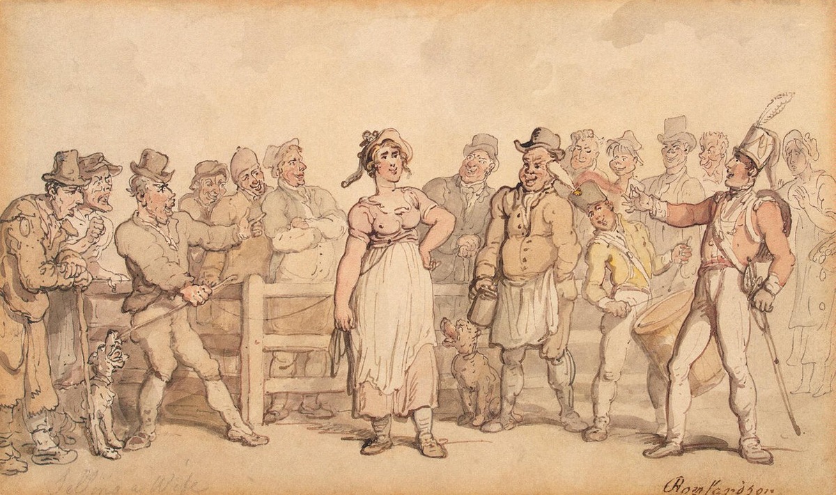 «Продажа жены» (1812—1814). Автор — Томас Роулендсон. Картина создаёт у зрителя впечатление, что жену продают с её согласия