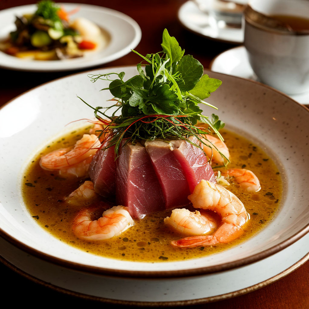 «Император Нептун» — суп из голубого тунца, королевских креветок и трюфелей.