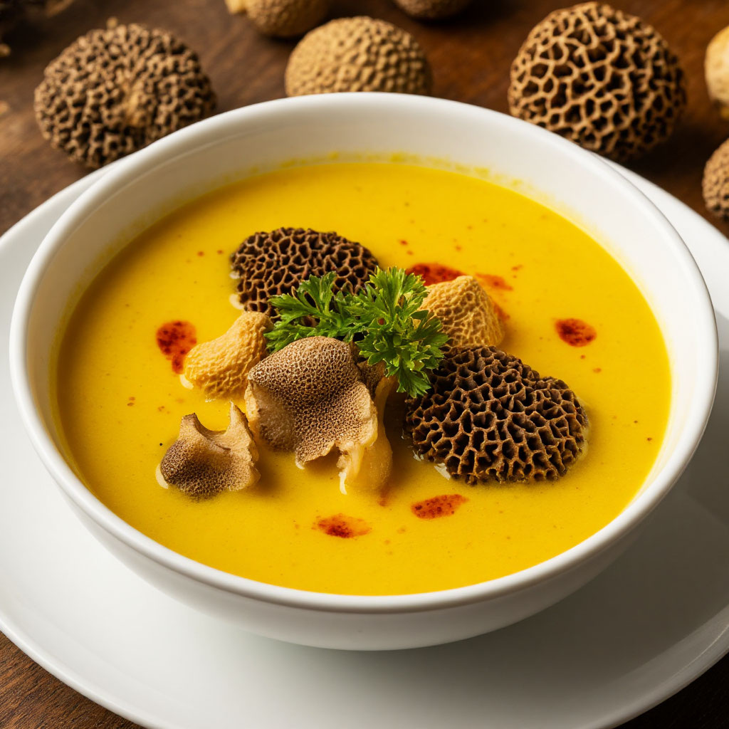 «Золотой трюфель и царь-гриб» — суп из белых трюфелей, королевских сморчков и шафрана.