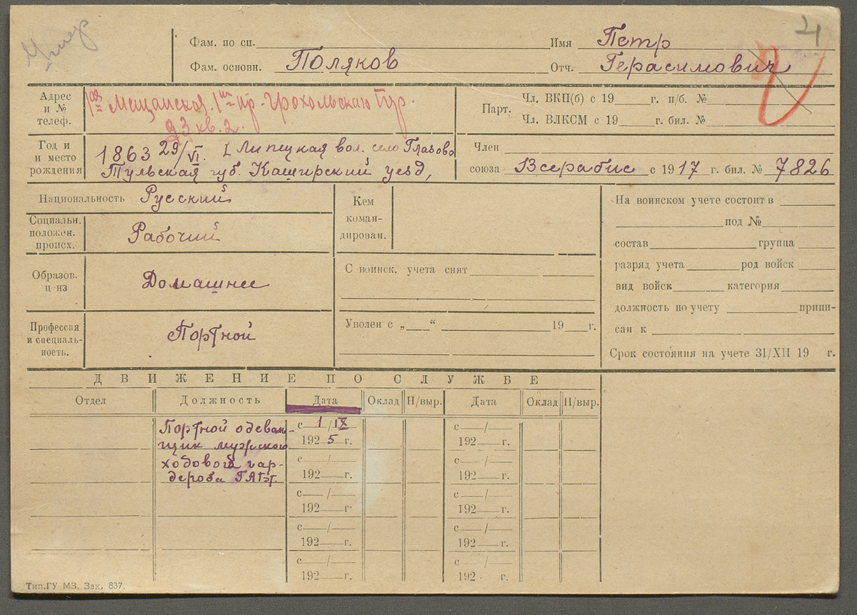 РГАЛИ ф.648 оп.1 ед. хр.2558 Личные дела:  Полякова Петра Герасимовича - портного-одевальщика;  1 сентября 1925-4 января 1934 