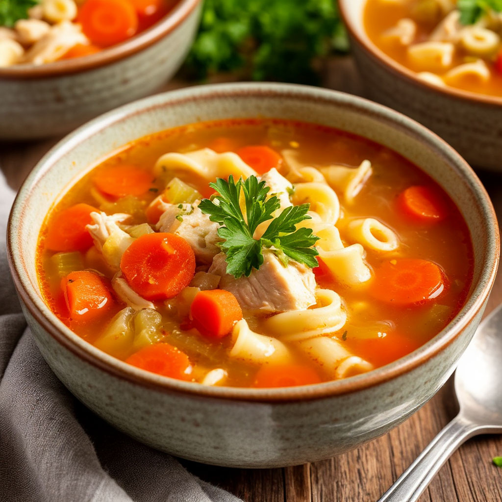 Сытный куриный суп с овощами и вермишелью.