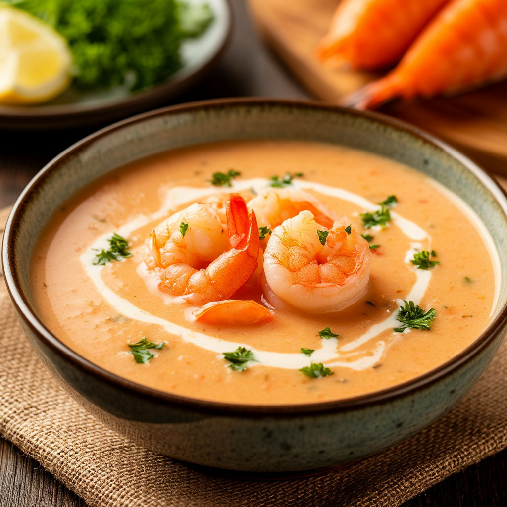 Суп-пюре из лосося с креветками и сливками