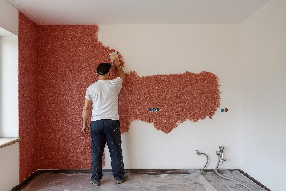 
Нанесение жидких обоев несложно, и их можно использовать даже на неровных стенах. Фото: Мир Квартир