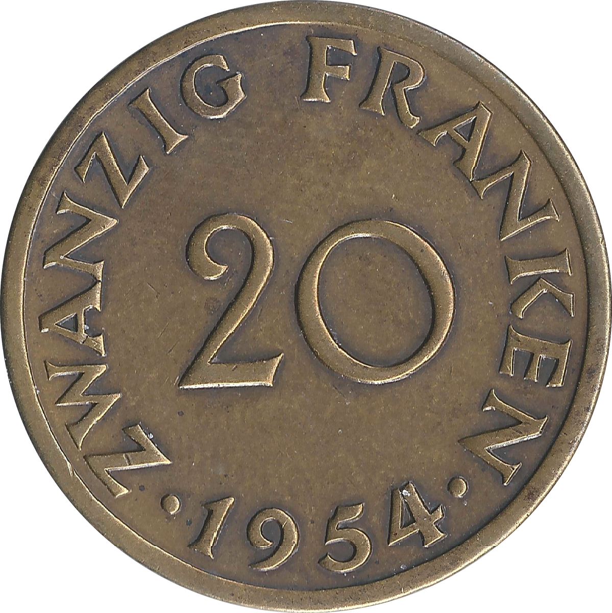 Реверс монеты 20 саарских франков 1954 года.