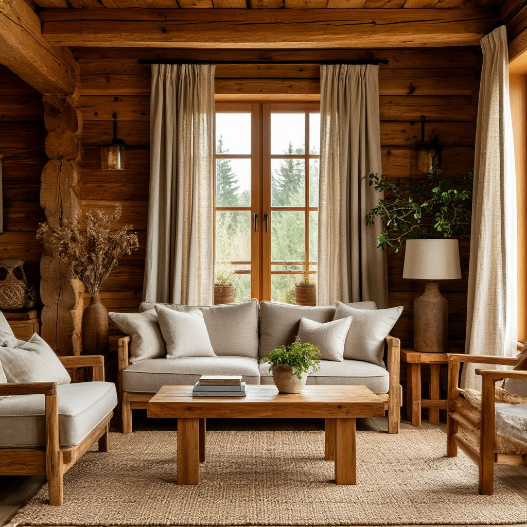 уютная гостиная комната, деревянная мебель, натуральные ткани штор
