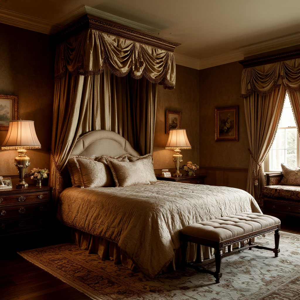 спальная комната, мягкая мебель, шелковые шторы, приглушенный свет
