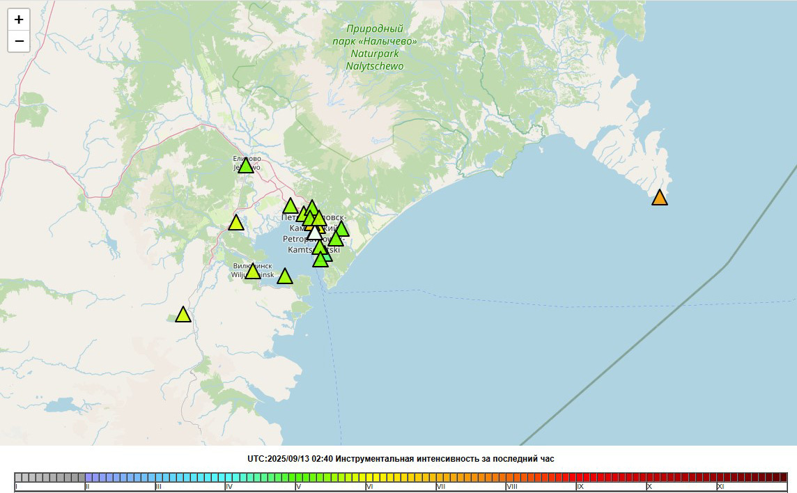Фото: Скриншот инструментальной интенсивности страницы сайта Камчатский филиал ФИЦ ЕГС РАН