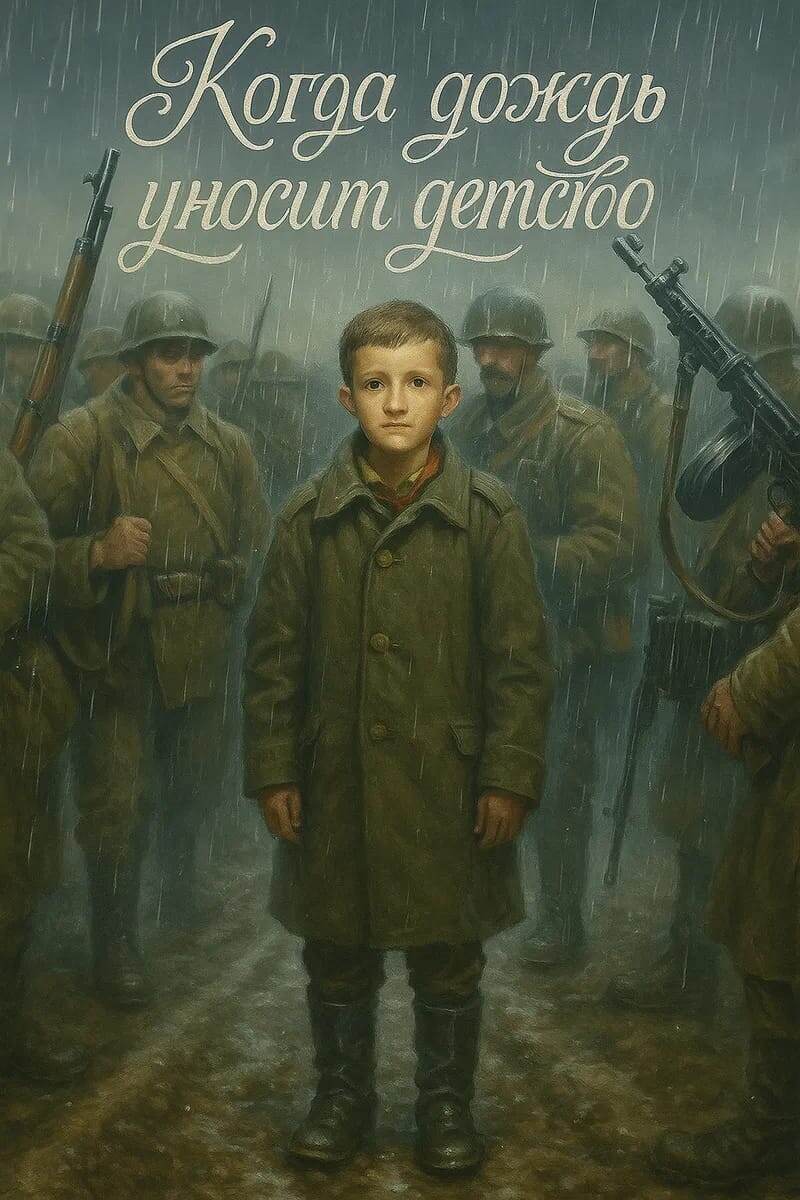 Подросток по имени Азат стоит под серебристым дождём на просёлочной дороге военных лет. Его лицо (реалистичное, живое выражение, черты восточноевропейского мальчика). На нём старая шинель, сапоги велики по размеру, плечи слегка ссутулены, но во взгляде чувствуется решимость и усталость. Вокруг него группа военных времён Второй мировой войны — в форме, с касками, винтовками и пулемётами того времени. Дождь идёт мелкой сеткой, капли серебрятся в воздухе. Атмосфера — суровая, патриотическая, с оттенком грусти и внутренней силы.© Copyright: Александер Арсланов, 2025