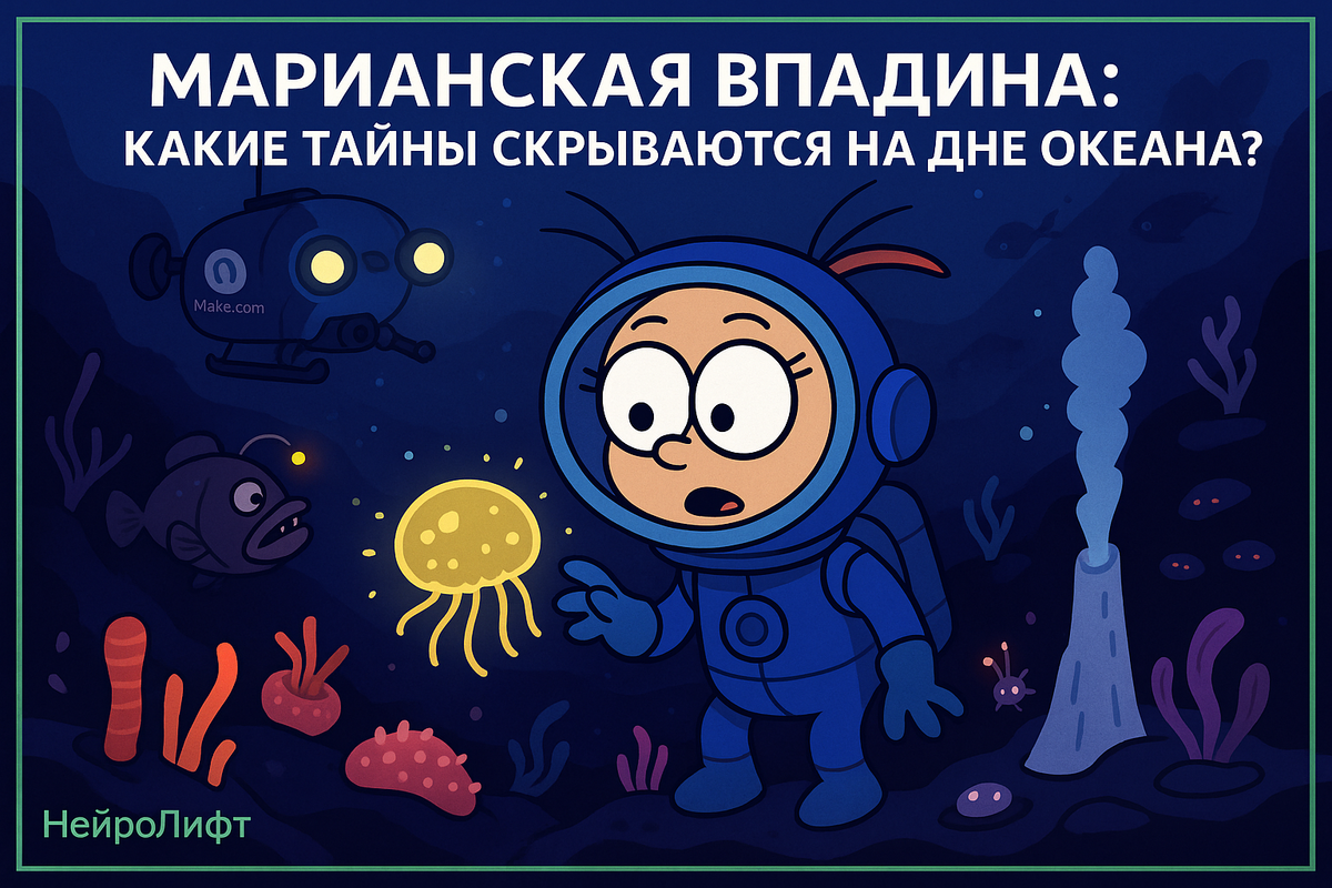 Марианская впадина, глубоководные исследования, океанография, уникальные организмы, хемосинтез, морские черви, двустворчатые моллюски, ракообразные, голотурии, подводные экосистемы, экстремальные условия, автоматизация контента, нейросети, ChatGPT, Make.com, Perplexity, визуализация, Midjourney, интерактивный контент, экспедиции, научно-популярные тексты, мониторинг новостей, экология, личный бренд, контент-продвижение, публикации в Дзен, изучение океанских глубин, методы автоматизации, научные открытия, цифровая среда