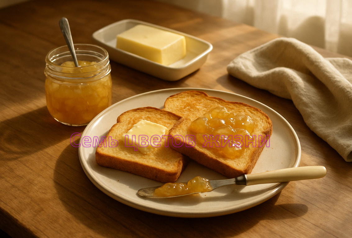 Вкусные тосты на белом хлебе масло, грушевый джем