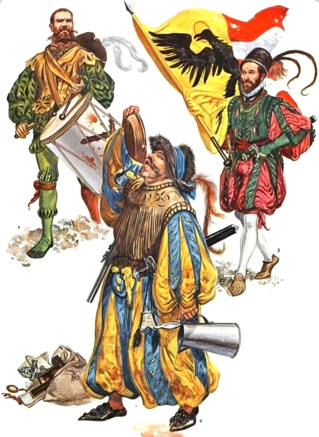 Западноевропейские воины XVI в. 1. Барабанщик (1525 г.) 2. Ландскнехт (1553 г.) 3. Знаменосец (1550 г.)
