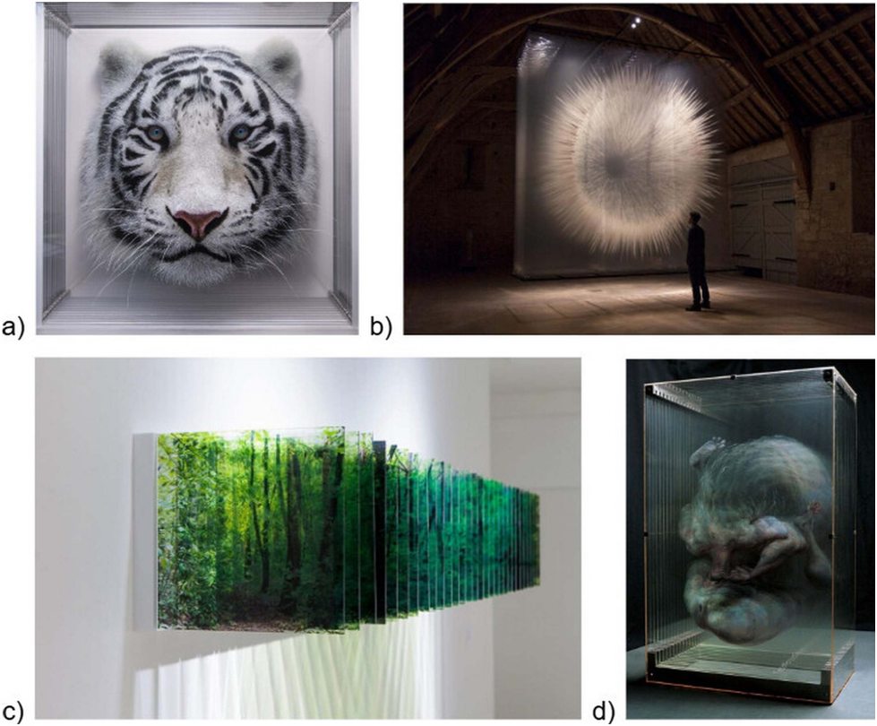 Рисунок 1. Примеры многослойных произведений современных художников. (а) Таксономия 110 (2023) Йосмана Ботеро [5], состоящая из прозрачных слоёв, нарисованных вручную и собранных в глубину. Акрил на оргстекле размером 52 × 52 × 21 см. (б) Инсталляция (2017) британско-канадского художника Дэвида Сприггса [6], состоящая из расписанных вручную прозрачных листов размером 5 × 2 × 5 м. (в) Трёхмерные пейзажи Нобухиро Наканиси [7], созданные с помощью последовательной фотопечати на акриловых листах (© Нобухиро Наканиси, предоставлено Yumiko Chiba Associates). (d) Работа Сяованя Ся [8], созданная в 2002 году из нескольких окрашенных слоёв акрилового стекла.