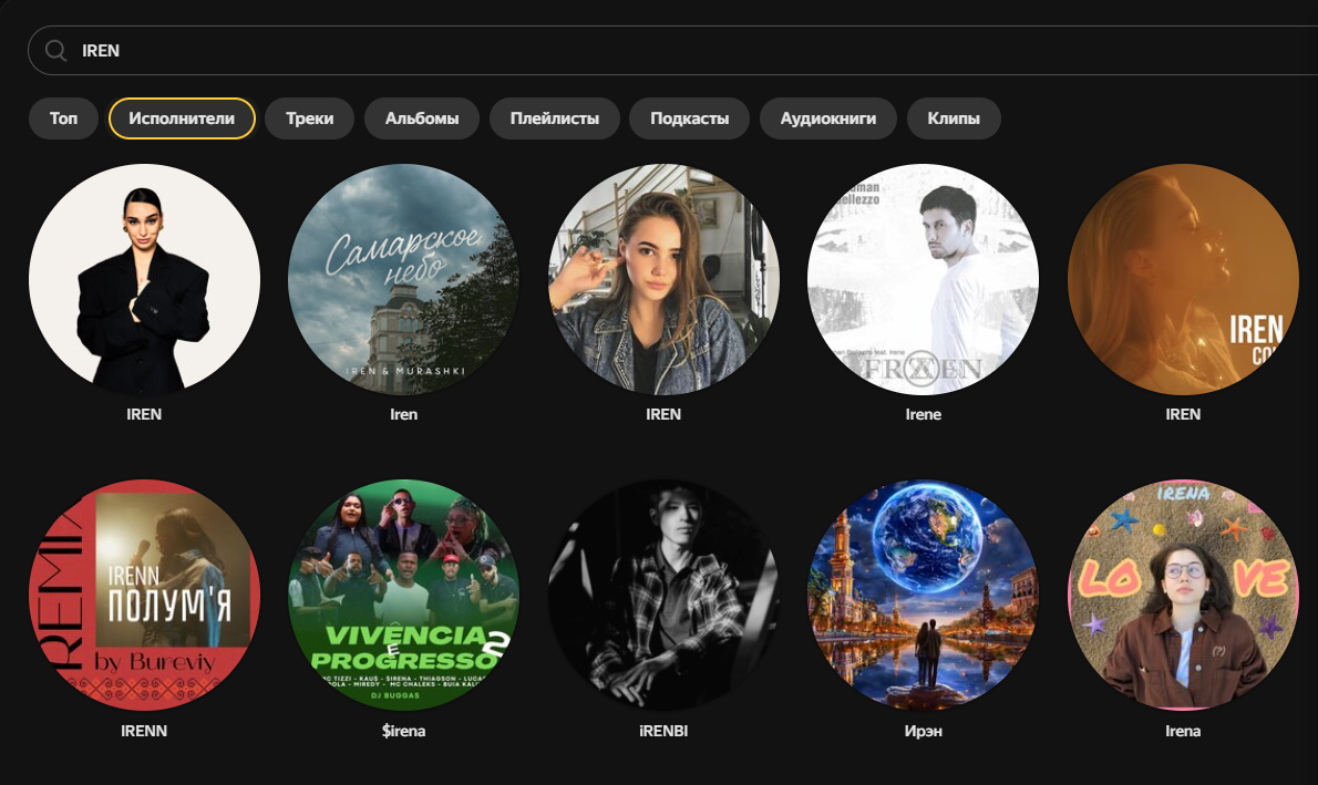 Наглядный пример по поиску исполнителя IREN