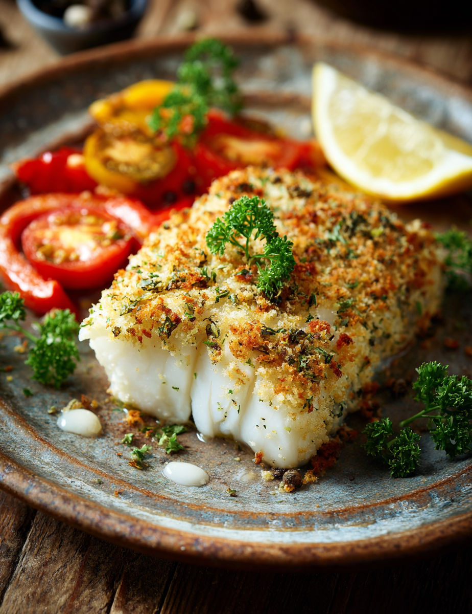 «Жареный минтай в миндальной панировке с зеленью и запечёнными овощами на кето-диете. Подача с лимоном, петрушкой и томатами. Низкоуглеводное кето-блюдо из рыбы на керамической тарелке.»