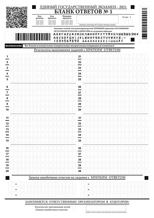 Пример бланка ответов ЕГЭ