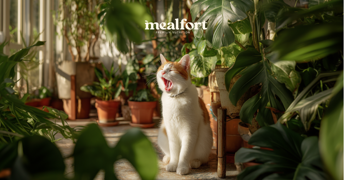 кот зевает среди множества растений / фото mealfort