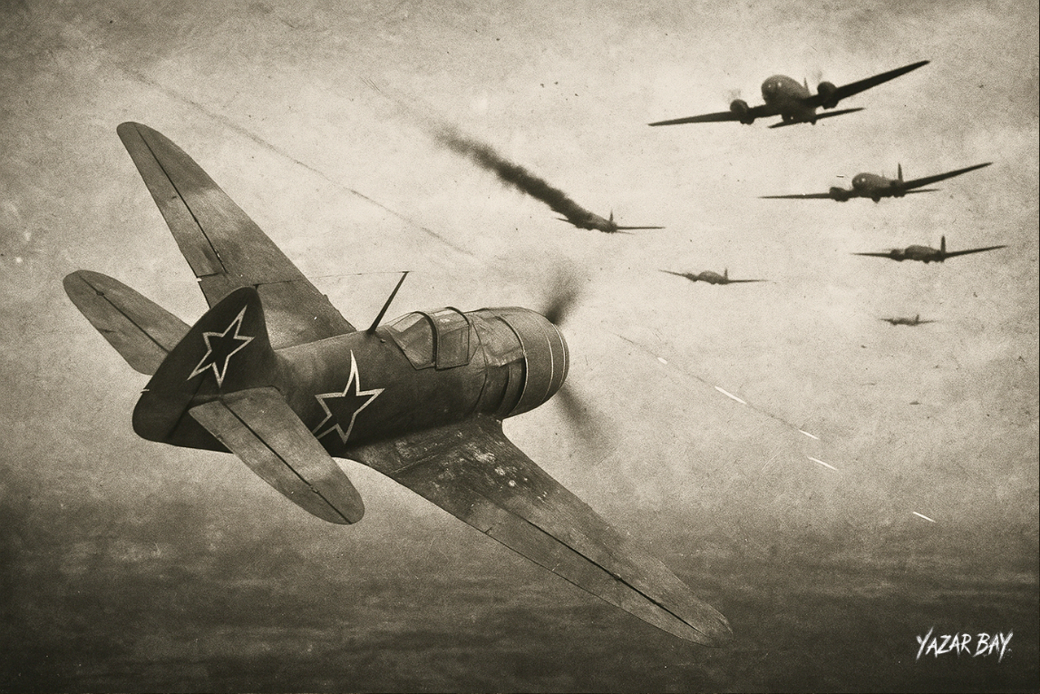 Цена победы: лейтенант Кожедуб в бою с немецкими бомбардировщиками. ©Язар Бай