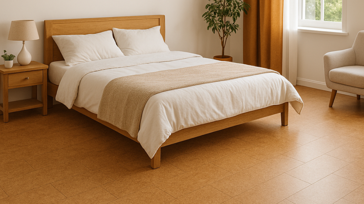 Фото интерьера спальни с использованием пробкового покрытия (изображение сгенерировано с помощью ИИ-модели)