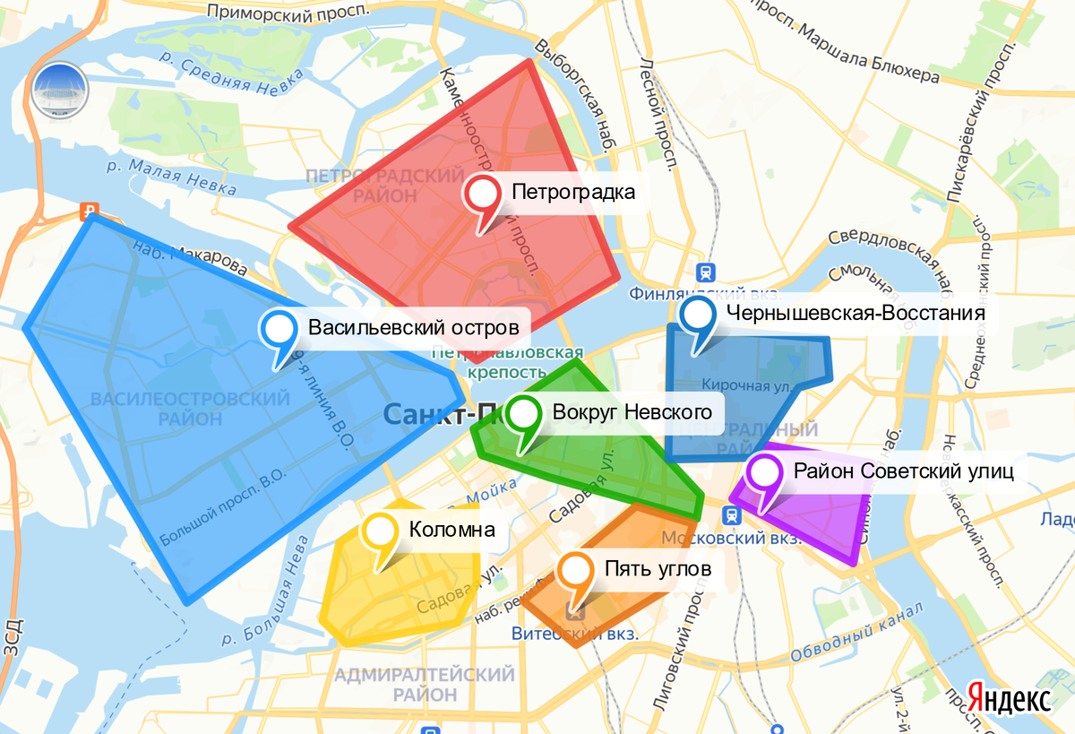 Примерные районы в центре Петербурга, о которых пойдет речь в статье.