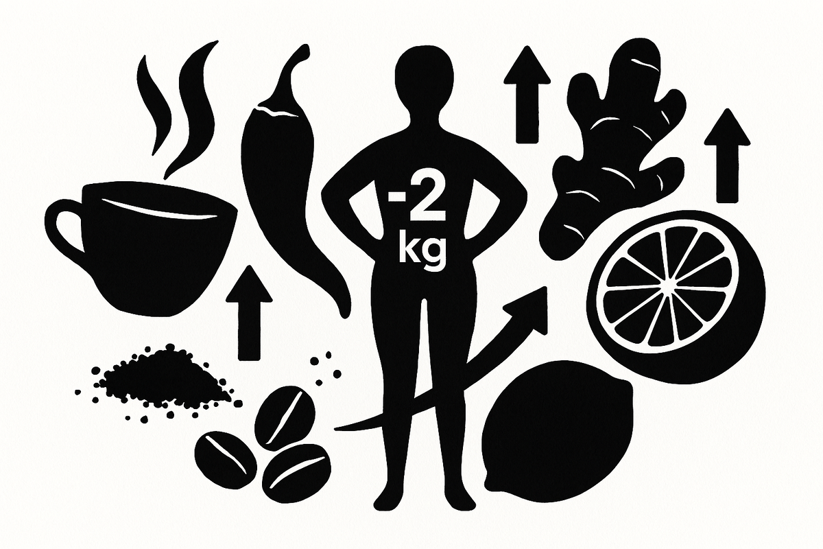 зелёный чай, перец, имбирь, лимон и кофе — в потоке энергии, направленной вверх. В центре — фигура с минусом 2 кг. Худеем без тренировок, с помощью природы.