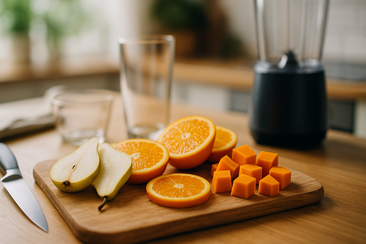 Ингредиенты для пригтовлени смузи из груши, тыквы и апельсина