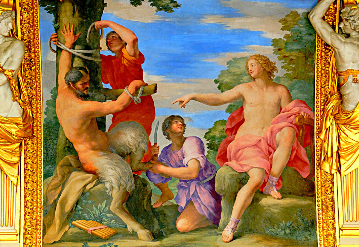 Джованни Франческо Романелли. Аполлон и Марсий. 17 век. Плафон прихожей летних апартаментов Анны Австрийской, Музей Лувра. https://upload.wikimedia.org/wikipedia/commons/1/17/Apollo_Marsyas_Romanelli_Louvre_Inv20348.jpg